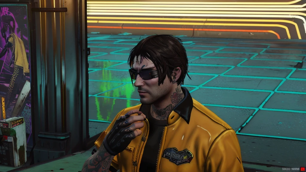 there is a man with a tattoo on his arm and a yellow jacket, mechanic punk outfit, cyberpunk street goon, as a character from gtav, gang saints wear yellow bandanas, detailed punk hair, cyberpunk dyed haircut, gta character, wearing cyberpunk 2 0 7 7 jacket, as the protagonist of gta 5, ingame image, wearing rr diner uniform