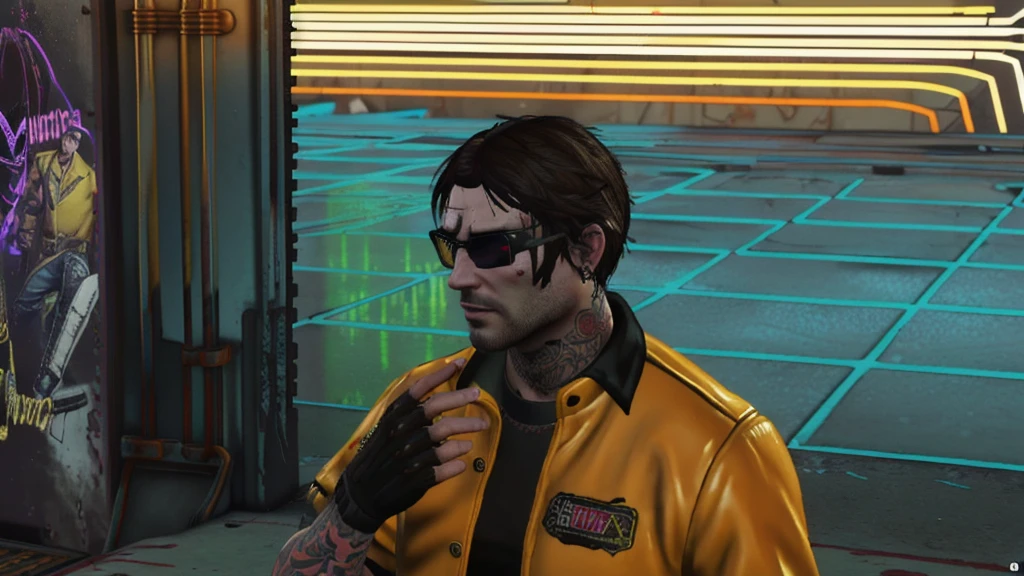 there is a man with a tattoo on his arm and a yellow jacket, mechanic punk outfit, cyberpunk street goon, as a character from gtav, gang saints wear yellow bandanas, detailed punk hair, cyberpunk dyed haircut, gta character, wearing cyberpunk 2 0 7 7 jacket, as the protagonist of gta 5, ingame image, wearing rr diner uniform
