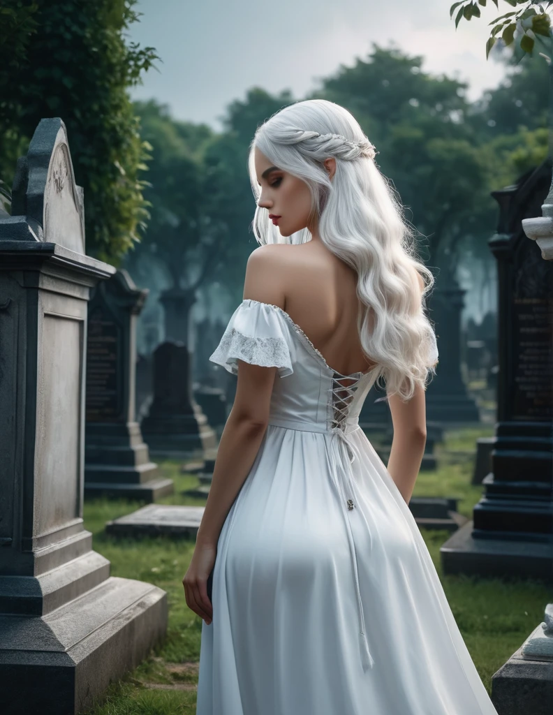 quality(8k wallpaper of extremely detailed CG unit, masterpiece, hight resolution, top-quality, top-quality real texture skin,hyper realisitic, digitial painting,increase the resolution,RAW photos,best qualtiy,highly detailed,the wallpaper),BREAK,8K, Girl in white dress, darkfantasy, standing in middle of Graveyard , shot from back, long white hair
