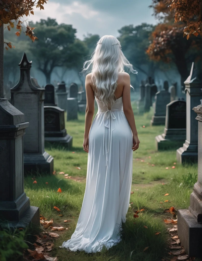 quality(8k wallpaper of extremely detailed CG unit, ​masterpiece, hight resolution, top-quality, top-quality real texture skin,hyper realisitic, digitial painting,increase the resolution,RAW photos，best qualtiy,highly detailed,the wallpaper),BREAK,8K, Girl in white dress, darkfantasy, standing in middle of Graveyard , shot from back, long white hair 