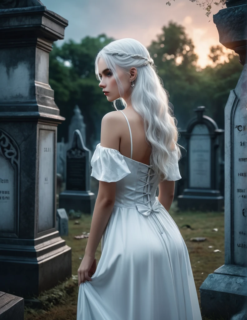 quality(8k wallpaper of extremely detailed CG unit, masterpiece, hight resolution, top-quality, top-quality real texture skin,hyper realisitic, digitial painting,increase the resolution,RAW photos,best qualtiy,highly detailed,the wallpaper),BREAK,8K, Girl in white dress, darkfantasy, standing in middle of Graveyard , shot from back, long white hair