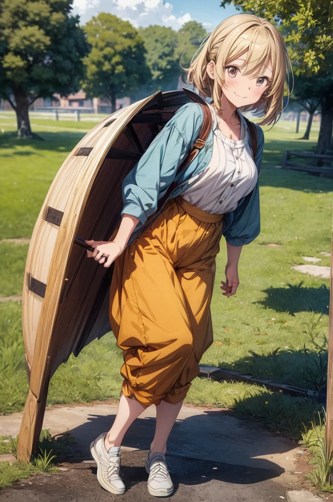 1girl, (anime coloring:1.2), (anime scene:1.3), perfect_anatomy, best quality, looking at viewer, upturned eyes, medium hair, chestnut hair, hairs between eyes, feminine, happy smile, (Culottes-style ethnic clothing:1.2), Simple shoes, village deep in the rye field, Medieval village,