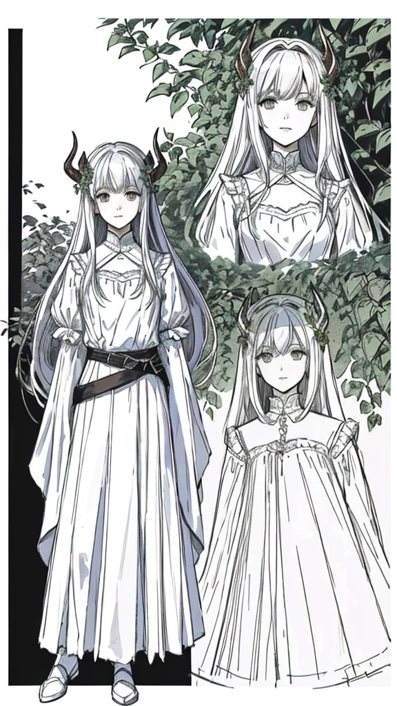 sketch (Character Design Sheet, Same characters, whole body, Three-species, Front, ~ ~ ~ side, Come back),(Very bright:1.1), White background, [1 girl:7], (tilted his head:1.2), ([sketch|watercolor \(Temperate\)]:1.15),whole body, Yellow medieval summer girl, concept, vines on the hand and horns from the vines, full length, whole body, magic hunter, White shorts, SFV
