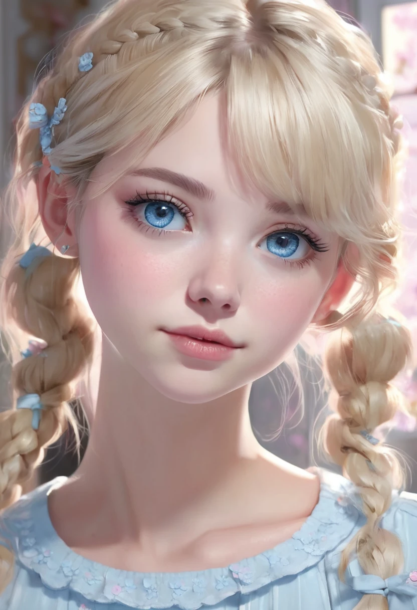 1 girl, inside a shabby chic room in baby pink and baby blue tones, wearing a modern light blue blouse, detailed facial features, detailed feminine blue eyes, detailed light skin, short blonde straight hair with double pigtails, soft lighting, expression of joy on the face, warm cinematic composition, bright atmosphere, charming face, cute, delicate chin, beautiful and feminine girl, 18 years old (best quality, 4K, 8K, high resolution, art: 1.2), ultra-detailed, (realistic , photorealistic, photorealistic: 1.37 )