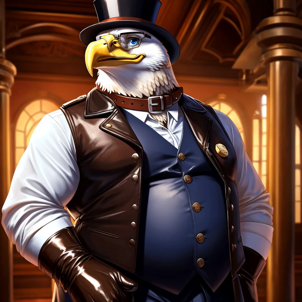 Solo, Male, fat, extremely obese, gentleman, dapper Professor Eagle, blue eyes, (posing:1.3), (soft shading), 4k, hi res, ((detailed face, detailed)), looking at viewer, mouth wide open, steampunk, collared shirt with buttons, top hat, male focus, Explorer Outfit, glasses, monocle, vest with buttons, sleeves rolled up, round eyewear, brown headwear, brown vest, Eagle is wearing a glossy leather dog collar around the neck, Eagle is wearing the leather collar and shirt and vest at the same time, Eagle is wearing glossy white rubber gloves on the hands, wearing white rubber gloves on the feet, gloves are rubber in texture, clenching teeth, clenching fists, leather collar is glossy and shiny with a lot of detail, Eagle is wearing gloves and leather collar at the same time, leather collar has a round dog-tag, leather collar is thick and detailed, leather collar is glossy and shiny, fancy clothing, dapper vest, dapper shirt, leather collar is thick, glossy leather collar.