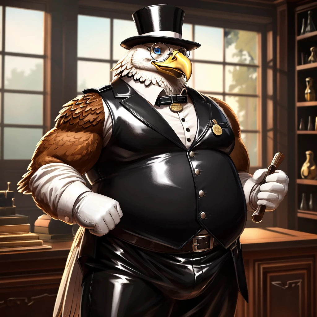 Solo, Male, fat, extremely obese, gentleman, dapper Professor Eagle, blue eyes, (posing:1.3), (soft shading), 4k, hi res, ((detailed face, detailed)), looking at viewer, mouth wide open, steampunk, collared shirt with buttons, top hat, male focus, Explorer Outfit, glasses, monocle, vest with buttons, sleeves rolled up, round eyewear, brown headwear, brown vest, Eagle is wearing a glossy leather dog collar around the neck, Eagle is wearing the leather collar and shirt and vest at the same time, Eagle is wearing glossy white rubber gloves on the hands, wearing white rubber gloves on the feet, gloves are rubber in texture, clenching teeth, clenching fists, leather collar is glossy and shiny with a lot of detail, Eagle is wearing gloves and leather collar at the same time, leather collar has a round dog-tag, leather collar is thick and detailed, leather collar is glossy and shiny, fancy clothing, dapper vest, dapper shirt, leather collar is thick, glossy leather collar.