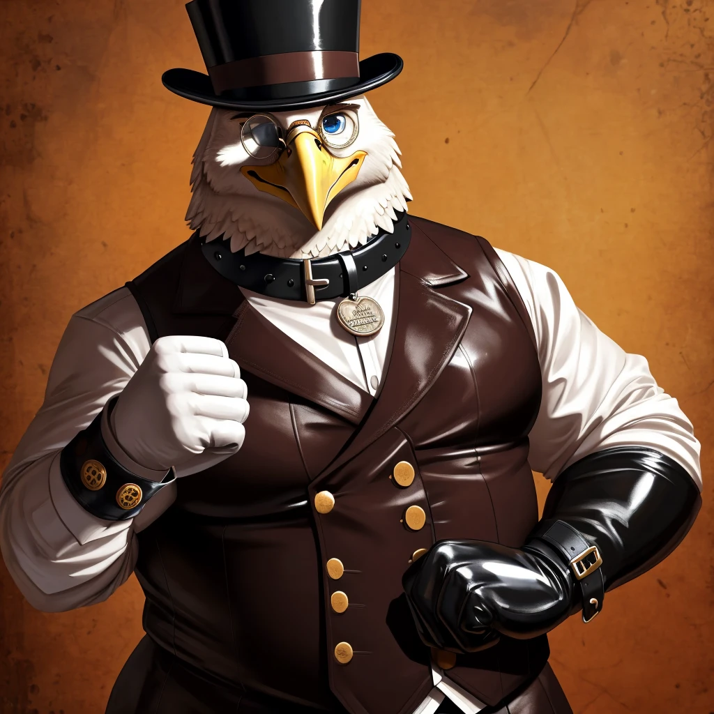 Solo, Male, fat, extremely obese, gentleman, dapper Professor Eagle, blue eyes, (posing:1.3), (soft shading), 4k, hi res, ((detailed face, detailed)), looking at viewer, mouth wide open, steampunk, collared shirt with buttons, top hat, male focus, Explorer Outfit, glasses, monocle, vest with buttons, sleeves rolled up, round eyewear, brown headwear, brown vest, Eagle is wearing a glossy leather dog collar around the neck, Eagle is wearing the leather collar and shirt and vest at the same time, Eagle is wearing glossy white rubber gloves on the hands, wearing white rubber gloves on the feet, gloves are rubber in texture, clenching teeth, clenching fists, leather collar is glossy and shiny with a lot of detail, Eagle is wearing gloves and leather collar at the same time, leather collar has a round dog-tag, leather collar is thick and detailed, leather collar is glossy and shiny, fancy clothing, dapper vest, dapper shirt, leather collar is thick, glossy leather collar.