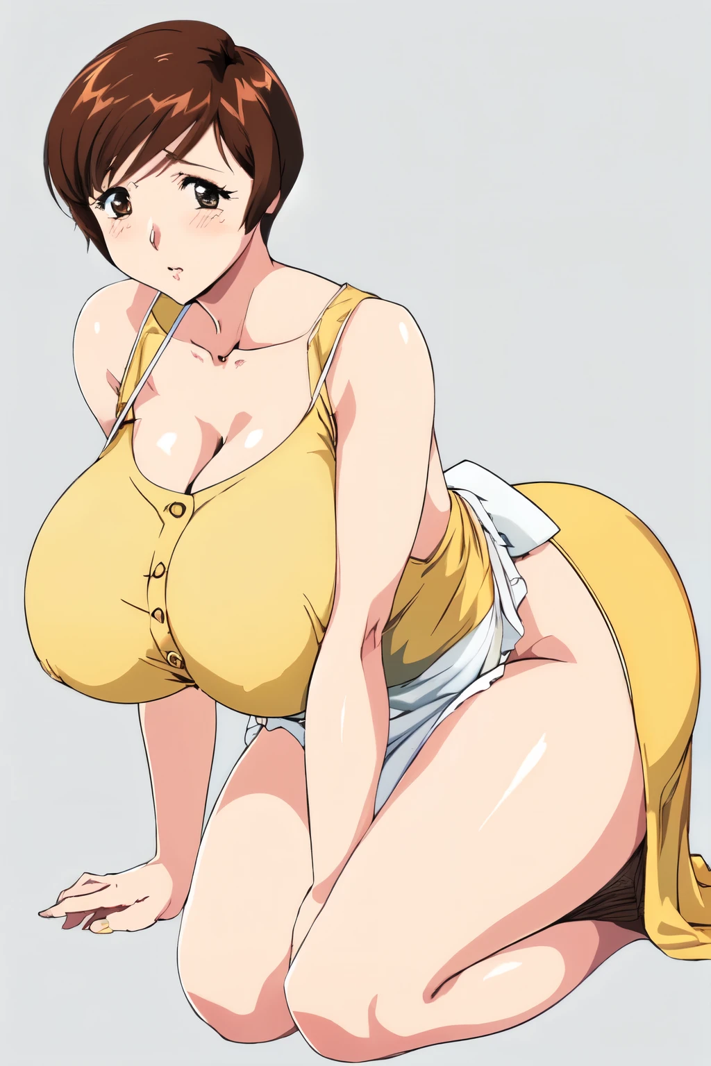 masterpiece, highest quality, High resolution, One girl, solo, sexual intercourse, Pornographic images, short hair, etsukoto, brown Eyes, fine grain, fine grain, (((Thick thighs, Plump thighs, Voluptuous thighs, Thighs alone are enough))), Huge and ample breasts, Cleavage, big long breasts, Naughty big,((big breasts are important))、((Naughty thighs)), L Cup, (thin:1.4),(Tight waist:1.4), (yellow dress:1.4), ((white waist apron)), white panties, (((Simple Background))), ((Wide Hips)), Shiny, Oily skin, Mature mother, Calf, Seductive mature woman, milf, Perfect body, Plus Size Model, curvy, ample, etsukoto, blush, clavicle, retro artstyle, 1990s (style), (thick thighs:1.4), Bare legs, ((bursting breast)), firm breasts, kneeling, nsfw,