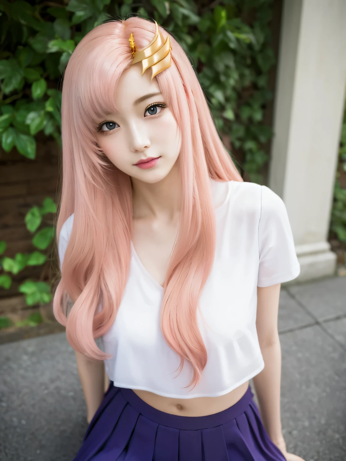 (Highest quality, 16K, masterpiece:1.55), Ultra detailed face, Detailed lips, Detailed eyes, double eyelid,
BREAK smile, upper body, (Seductive pose:1.6), (high angle shot, dutch angle, dynamic angle),
BREAK 1girl, 20 years old, (large Breasts:1.2), Svelte Body, (big hips:1.2),
BREAK lacus clyne, (purple eyes:1.1), hair ornament, long hair, wave hair ornament, (light pink hair:1.2),
BREAK (((Golden hair ornament))),
BREAK (shine maiden outfit),
BREAK outdoor, road,, shrinebackground,