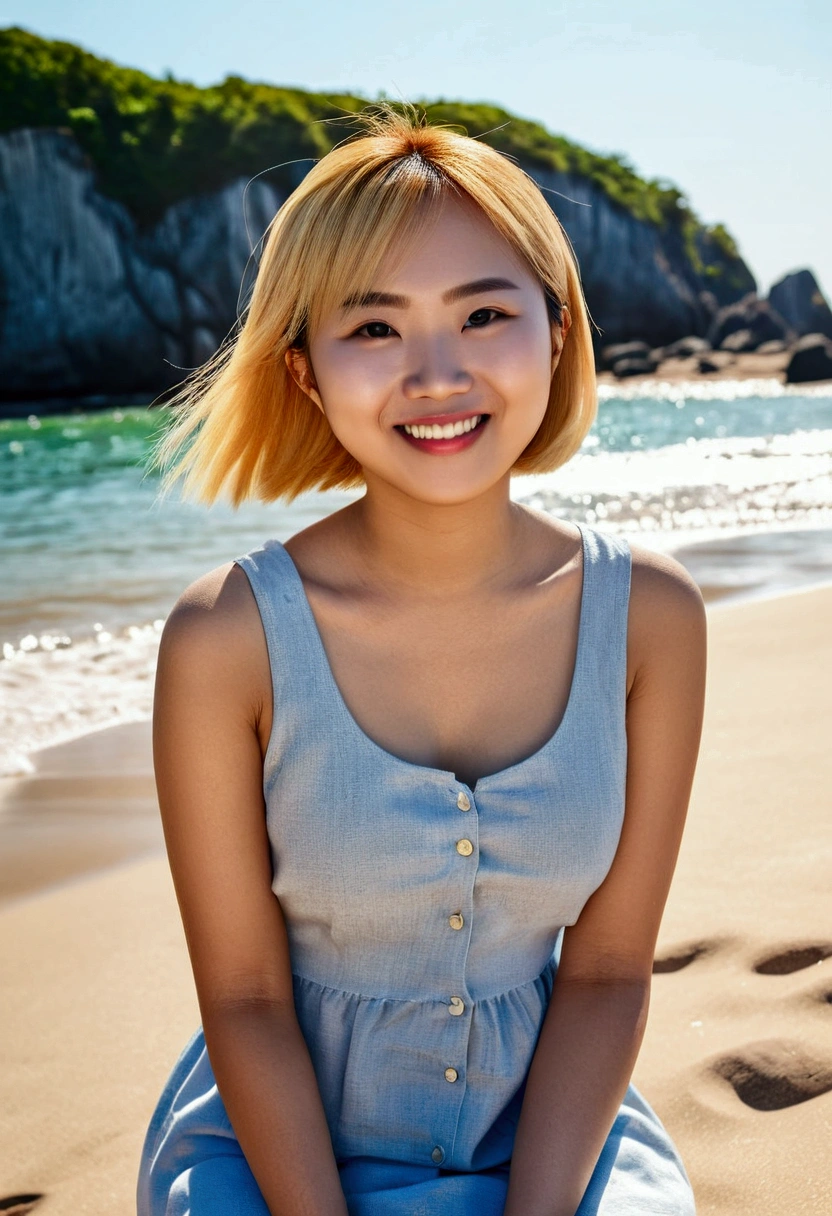 ((masterpiece, highest quality, Highest image quality, High resolution, photorealistic, Raw photo, 8K, )) asian girl, japanese girl, adorable, cute, kawai, slender, blonde hair, light smile, at the beach, sunny