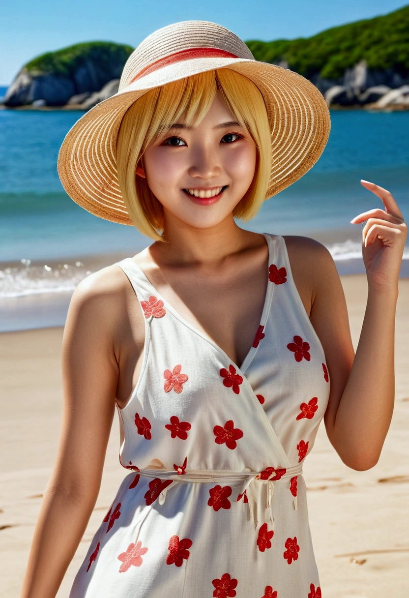 ((masterpiece, highest quality, Highest image quality, High resolution, photorealistic, Raw photo, 8K, )) asian girl, japanese girl, adorable, cute, kawai, slender, blonde hair, light smile, at the beach, sunny