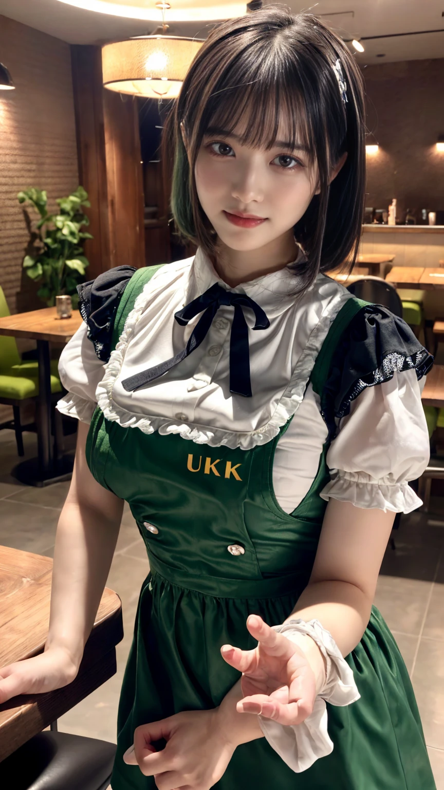 (absurdres:1.3), (highres:1.3), (ultra detailed:1.3),(1girl:1.3), (extremely detailed CG unity 8k wallpaper:1.3), (detailed skin texture, detailed cloth texture, detailed hair texture), (beautiful detailed face, supermodel, pale skin, realistic glistening skin), (RAW photo, best quality), (realistic, photo-realistic:1.4), masterpiece, extremely delicate and beautiful,Amazing, finely detail, extremely detailed CG unity 8k wallpaper, huge filesize, ultra-detailed, highres, absurdres, soft light,rim light, vibrant details, hotel room, short bob hair, (large breasts:1.2), black hair color, Big Natural Color Lip, (perfect body shape), beautiful legs, BREAK (fusion of dirndl and short sleeve white collared-shirt with neck ribbon:1.4), ((A-line, underboobs, puff sleeves):1.3), ((deep-green Pinafore):1.3), thighs skin, Restaurant, Serving customers inside the restaurant. crying a little、little smile, Harajuku style、20 year old girl、cute type、lolita、