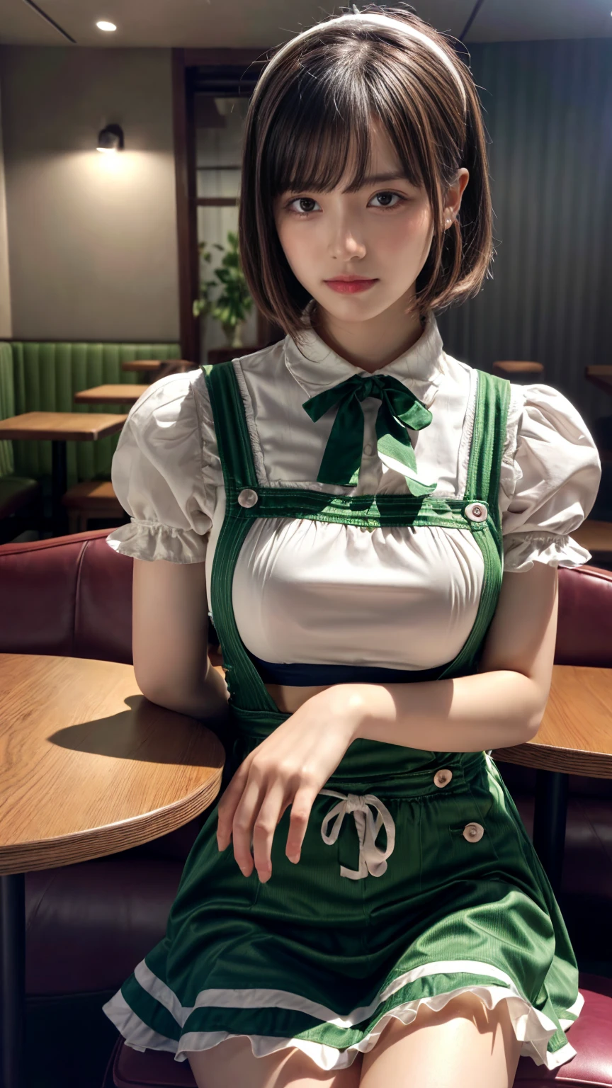 (absurdres:1.3), (highres:1.3), (ultra detailed:1.3),(1girl:1.3), (extremely detailed CG unity 8k wallpaper:1.3), (detailed skin texture, detailed cloth texture, detailed hair texture), (beautiful detailed face, supermodel, pale skin, realistic glistening skin), (RAW photo, best quality), (realistic, photo-realistic:1.4), masterpiece, extremely delicate and beautiful,Amazing, finely detail, extremely detailed CG unity 8k wallpaper, huge filesize, ultra-detailed, highres, absurdres, soft light,rim light, vibrant details, hotel room, short bob hair, (large breasts:1.2), black hair color, Big Natural Color Lip, (perfect body shape), beautiful legs, BREAK (fusion of dirndl and short sleeve white collared-shirt with neck ribbon:1.4), ((A-line, underboobs, puff sleeves):1.3), ((deep-green Pinafore):1.3), thighs skin, Restaurant, Serving customers inside the restaurant. crying a little、little smile, Harajuku style、20 year old girl、cute type、ta、