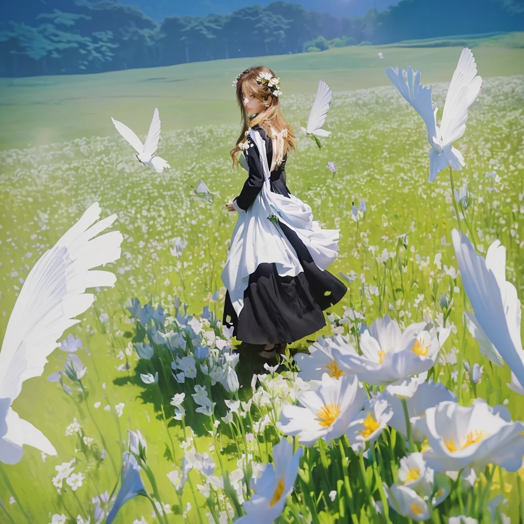 there is a woman in a dress standing on a flower field, on a flower field, artwork in the style of guweiz, guweiz on pixiv artstation, Guweiz, a maid in a magical forest, Guweiz on ArtStation Pixiv, lolish, garota on a flower field, made with anime painter studio