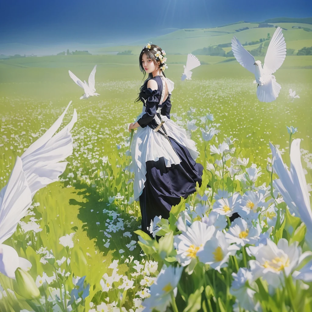 there is a woman in a dress standing on a flower field, on a flower field, artwork in the style of guweiz, guweiz on pixiv artstation, Guweiz, a maid in a magical forest, Guweiz on ArtStation Pixiv, sh, garota on a flower field, made with anime painter studio