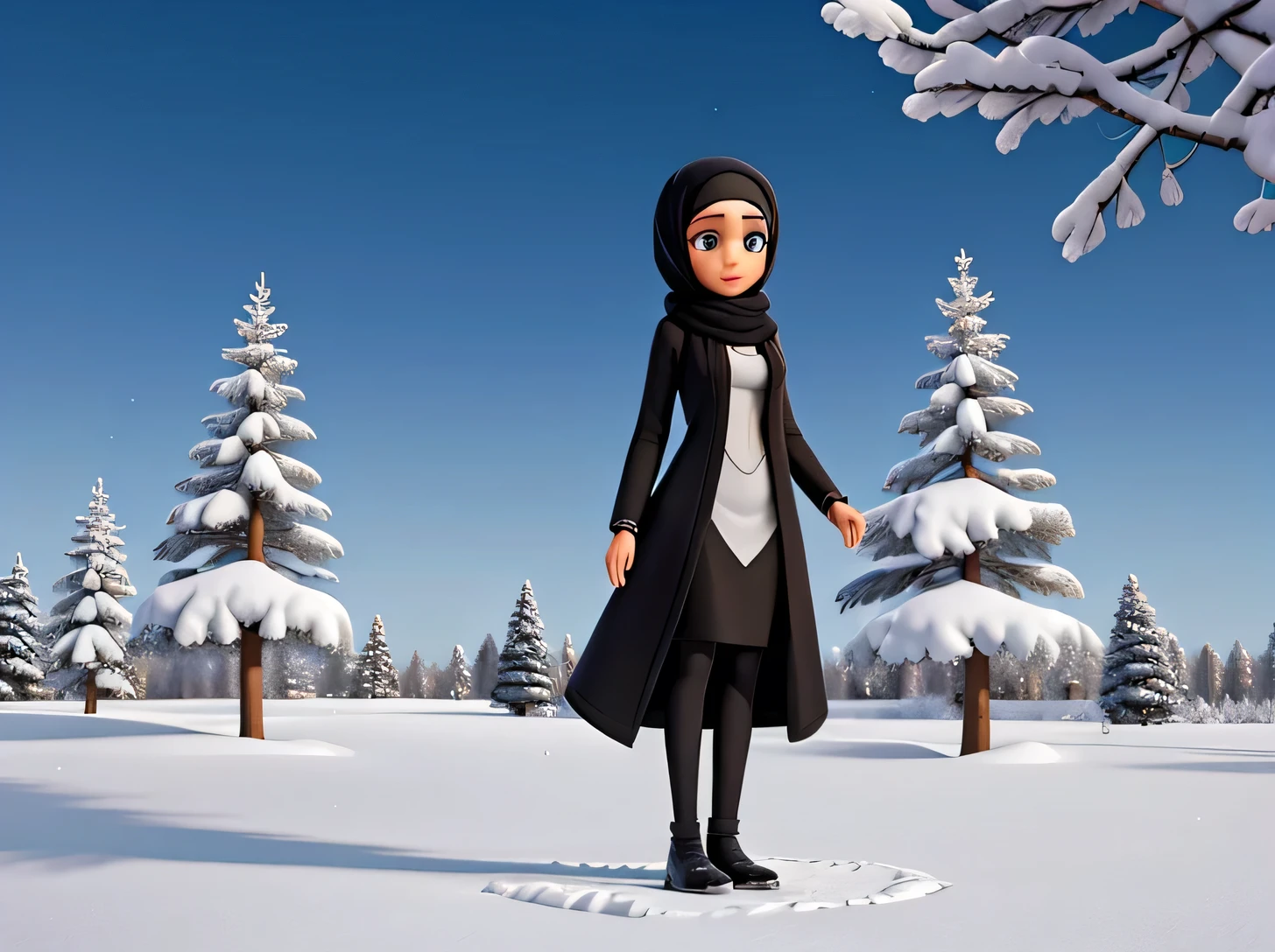 of a beautiful woman wearing a black hijab standing in the middle of a winter atmosphere with a snow-covered tree in the background. 