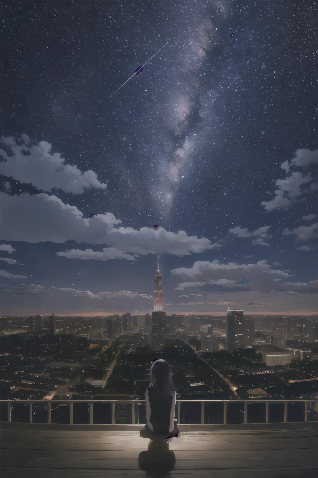 Octane, null, star (null), scenery, starry null, night, One girl, night null, alone, Outdoor, building, cloud, milky way, Sitting, wood, Long Hair, city, silhouette, cityscape