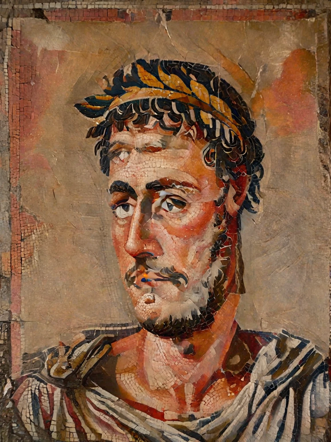 a close up of a painting of a man with a crown on his head, ancient roman painting, inspired by Pietro Testa, ancient rome man, young greek man, neoclassical portrait, portrait of achilles, portrait of hades, fayum portrait, painting of a man, portrait of a male warrior, inspired by Nicomachus of Thebes