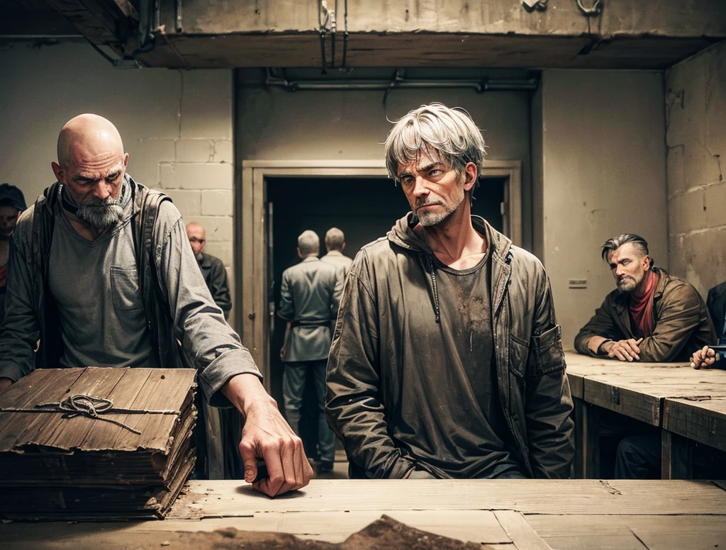 The scavenger leader, a grayish man with a cynical smirk... Make him in front like a profile picture, and in front of the table.. like making a deal, behind him is a dirty dark prison like dungeon...it is a slave den