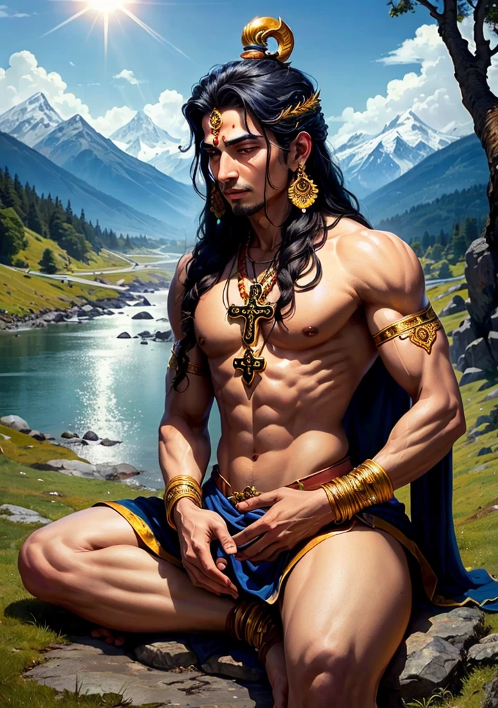 ((best quality)), ((masterpiece)), (detailed), lord shiva sitting at the top giving blessings upon the land, lush grass with flowing river beautiful, Realistic, life like , amazing , sun rise , with mountains and lush forest in the background, shiva is sitting cross legged. With Cresent on the head. Cobra sitting with shiva , add a trident in shivas hand upright on his left hand. On the right hand shivas blessings must be given with sun rays. Shivas palm must be facing forward. Snow topped mountains, blue skin.