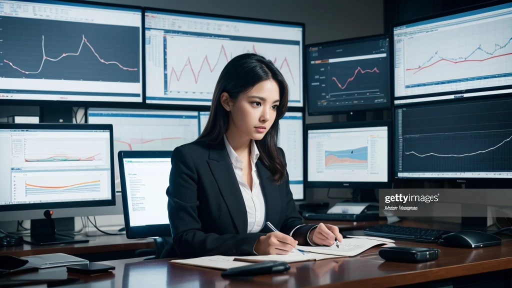 A professional photography style image of a data analyst working on a high-resolution monitor, displaying intricate data charts and graphs, hyper realistic, UHD, 1 person, sitting at desk, business attire, serious expression, focused on work, data visualization, complex infographics, modern office interior, studio lighting, cinematic composition, dramatic shadows, muted color palette, photorealistic rendering, ultra detailed, sharp focus