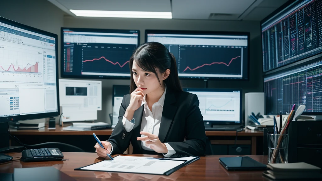 A professional photography style image of a data analyst working on a high-resolution monitor, displaying intricate data charts and graphs, hyper realistic, UHD, 1 person, sitting at desk, business attire, serious expression, focused on work, data visualization, complex infographics, modern office interior, studio lighting, cinematic composition, dramatic shadows, muted color palette, photorealistic rendering, ultra detailed, sharp focus