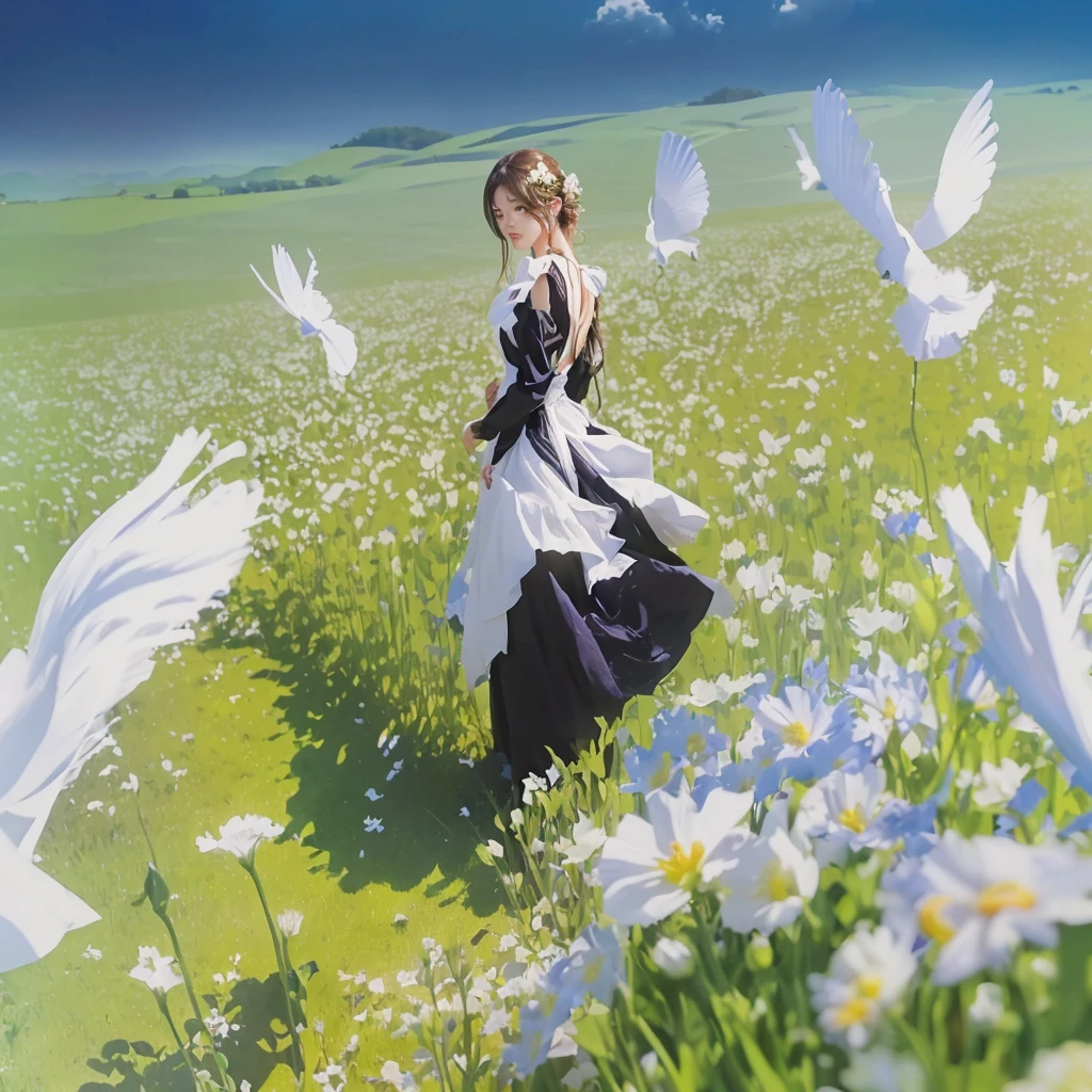 there is a woman in a dress standing on a flower field, on a flower field, artwork in the style of guweiz, guweiz on pixiv artstation, Guweiz, a maid in a magical forest, Guweiz on ArtStation Pixiv, lolish, garota on a flower field, made with anime painter studio
