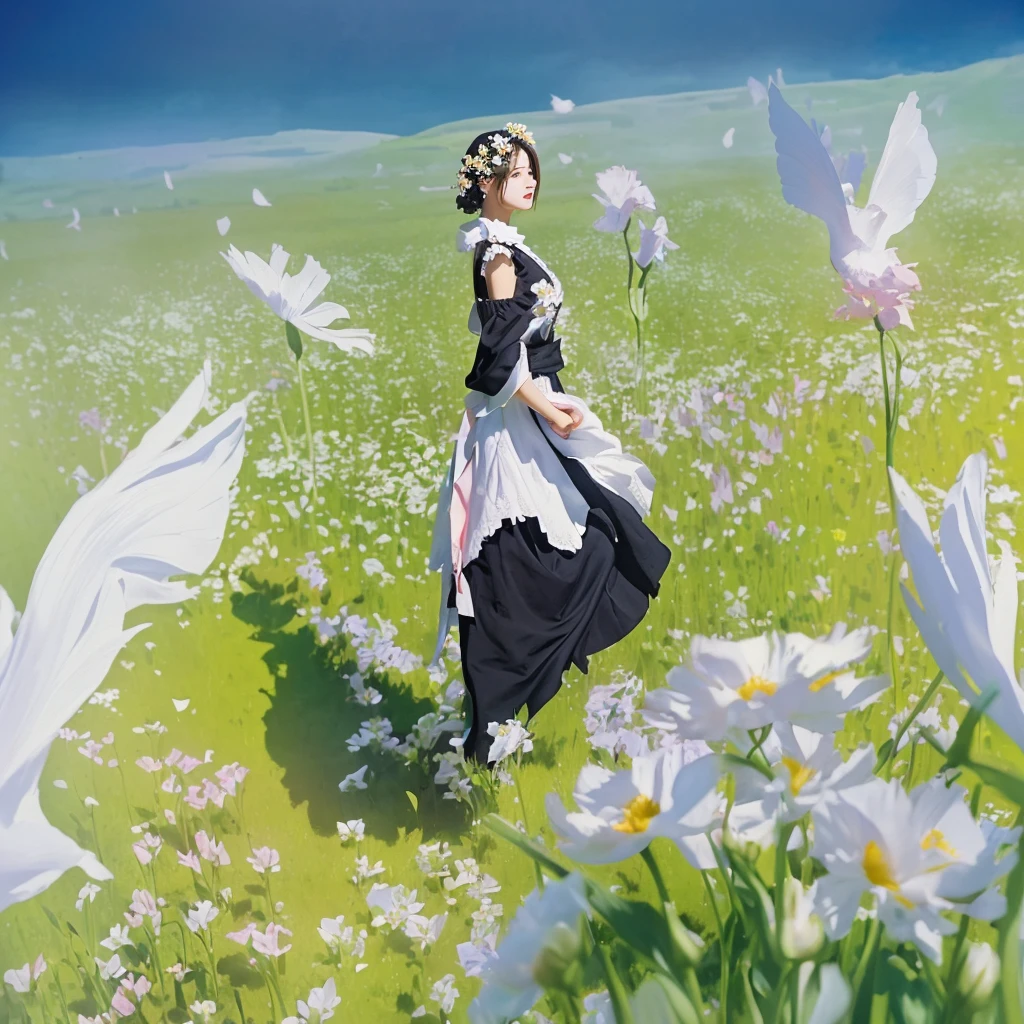 there is a woman in a dress standing on a flower field, on a flower field, artwork in the style of guweiz, guweiz on pixiv artstation, Guweiz, a maid in a magical forest, Guweiz on ArtStation Pixiv, sh, garota on a flower field, made with anime painter studio