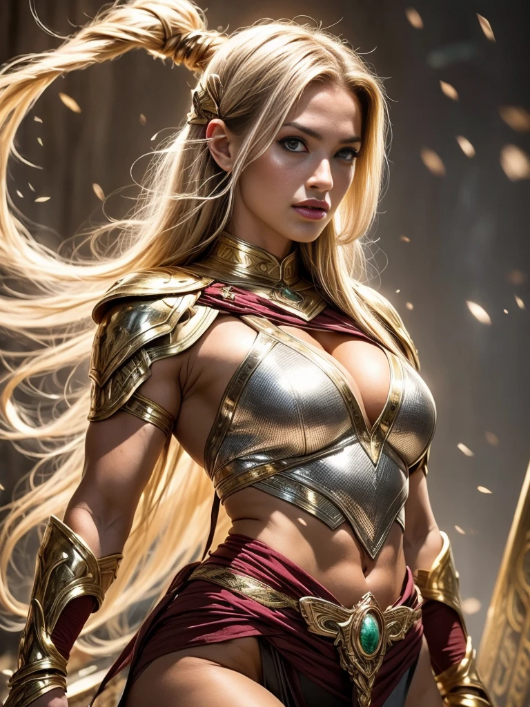 JennyPoussin as a Asgard,valkyrie,Upper Body shot,green eyes,long flowing blonde hair, fitness muscular woman, Senhora Cavaleiro,elaborate decorative silver battle armor,Anatomia correta, epic fantasy digital art, masterpiece,8k,high-definition resolution,desenho detalhado,Qualidade Superior,, Epic composition, muscular body