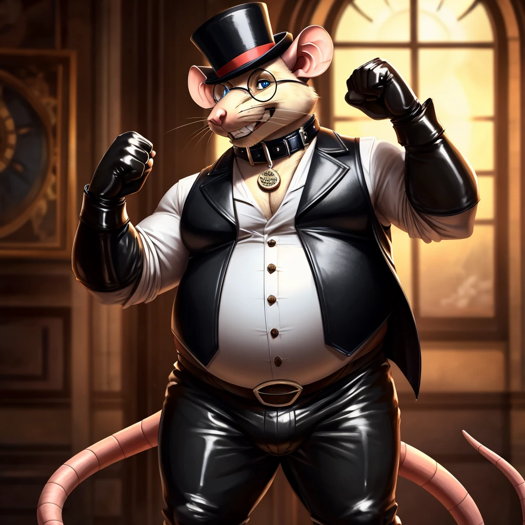 Solo, Male, fat, extremely obese, gentleman, dapper Professor Rat, blue eyes, (posing:1.3), (soft shading), 4k, hi res, ((detailed face, detailed)), looking at viewer, mouth wide open, steampunk, collared shirt with buttons, top hat, male focus, Explorer Outfit, glasses, monocle, vest with buttons, sleeves rolled up, round eyewear, brown headwear, brown vest, Rat is wearing a glossy leather dog collar around the neck, Rat is wearing the leather collar and shirt and vest at the same time, Rat is wearing glossy white rubber gloves on the hands, wearing white rubber gloves on the feet, gloves are rubber in texture, clenching teeth, clenching fists, leather collar is glossy and shiny with a lot of detail, Rat is wearing gloves and leather collar at the same time, leather collar has a round dog-tag, leather collar is thick and detailed, leather collar is glossy and shiny, fancy clothing, dapper vest, dapper shirt, leather collar is thick, glossy leather collar.