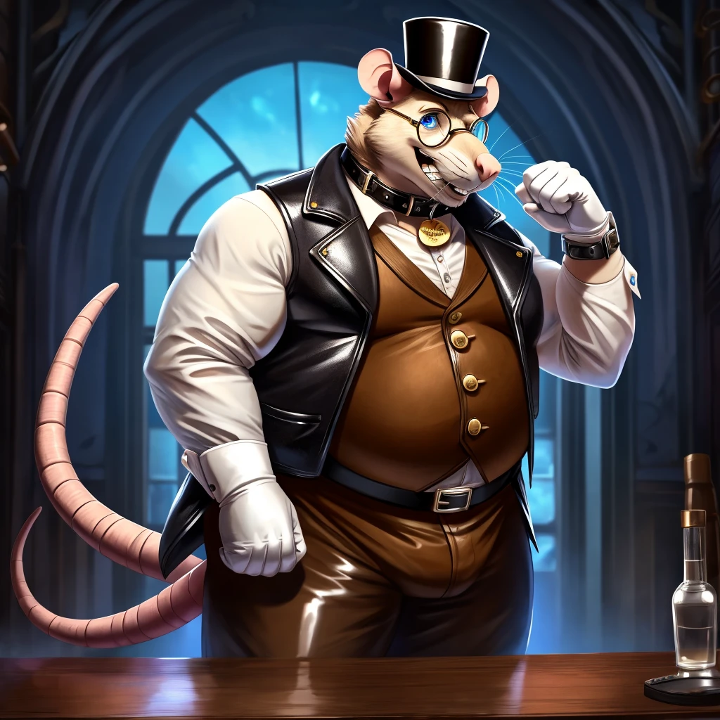 Solo, Male, fat, extremely obese, gentleman, dapper Professor Rat, blue eyes, (posing:1.3), (soft shading), 4k, hi res, ((detailed face, detailed)), looking at viewer, mouth wide open, steampunk, collared shirt with buttons, top hat, male focus, Explorer Outfit, glasses, monocle, vest with buttons, sleeves rolled up, round eyewear, brown headwear, brown vest, Rat is wearing a glossy leather dog collar around the neck, Rat is wearing the leather collar and shirt and vest at the same time, Rat is wearing glossy white rubber gloves on the hands, wearing white rubber gloves on the feet, gloves are rubber in texture, clenching teeth, clenching fists, leather collar is glossy and shiny with a lot of detail, Rat is wearing gloves and leather collar at the same time, leather collar has a round dog-tag, leather collar is thick and detailed, leather collar is glossy and shiny, fancy clothing, dapper vest, dapper shirt, leather collar is thick, glossy leather collar.