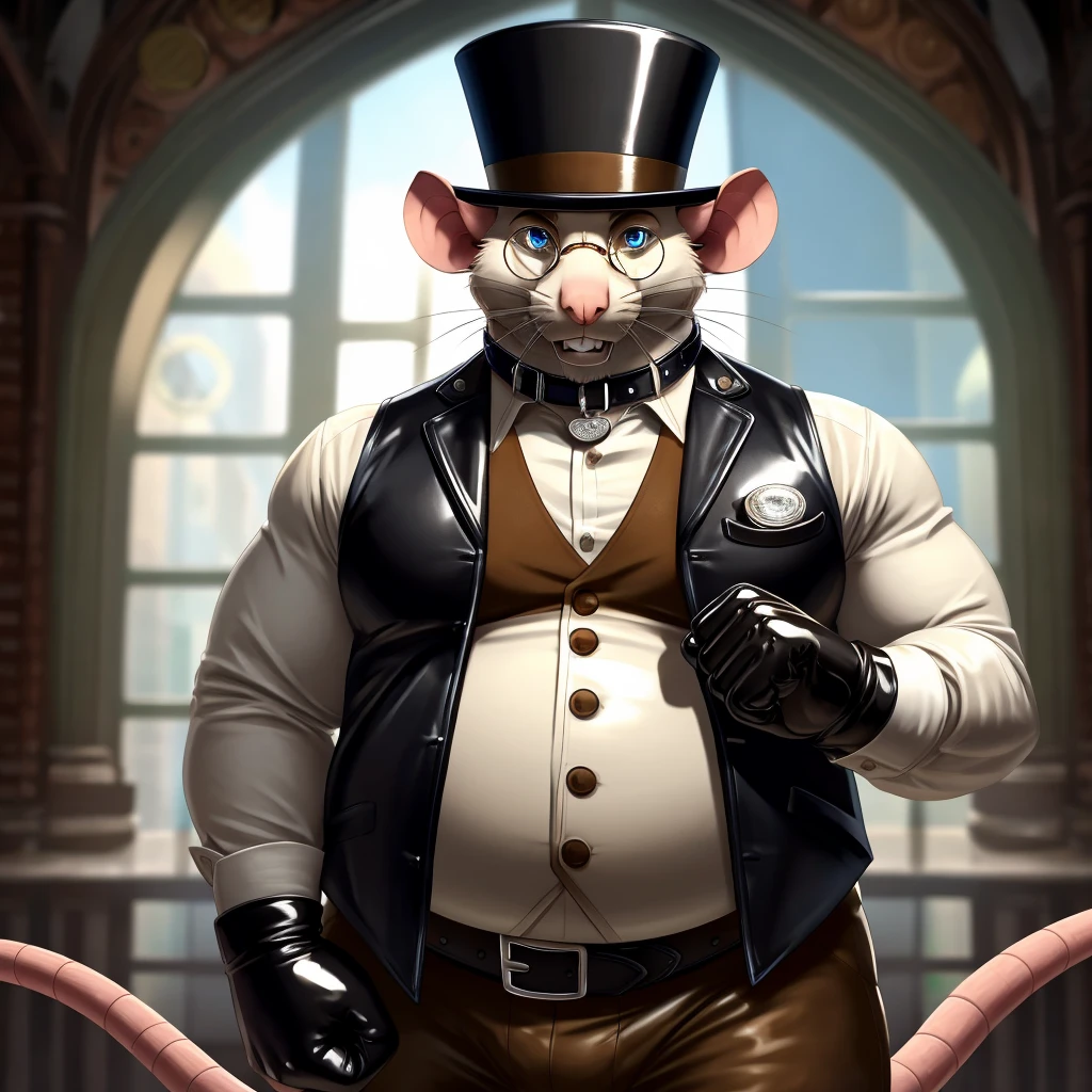 Solo, Male, fat, extremely obese, gentleman, dapper Professor Rat, blue eyes, (posing:1.3), (soft shading), 4k, hi res, ((detailed face, detailed)), looking at viewer, mouth wide open, steampunk, collared shirt with buttons, top hat, male focus, Explorer Outfit, glasses, monocle, vest with buttons, sleeves rolled up, round eyewear, brown headwear, brown vest, Rat is wearing a glossy leather dog collar around the neck, Rat is wearing the leather collar and shirt and vest at the same time, Rat is wearing glossy white rubber gloves on the hands, wearing white rubber gloves on the feet, gloves are rubber in texture, clenching teeth, clenching fists, leather collar is glossy and shiny with a lot of detail, Rat is wearing gloves and leather collar at the same time, leather collar has a round dog-tag, leather collar is thick and detailed, leather collar is glossy and shiny, fancy clothing, dapper vest, dapper shirt, leather collar is thick, glossy leather collar.