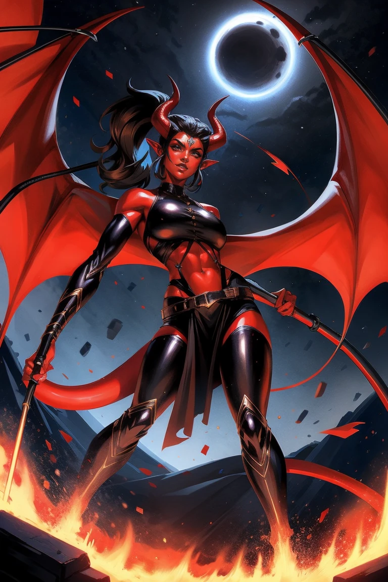 Red skin succubus tiefling, digitigrade legs, medium breasts, black horns, wings, huge tail, black leather, crop top, long flowing pelvic curtain, tall, toned, graceful, thin, long black ponytail. Action scene, whip. Dark scene, explosions, night sky.