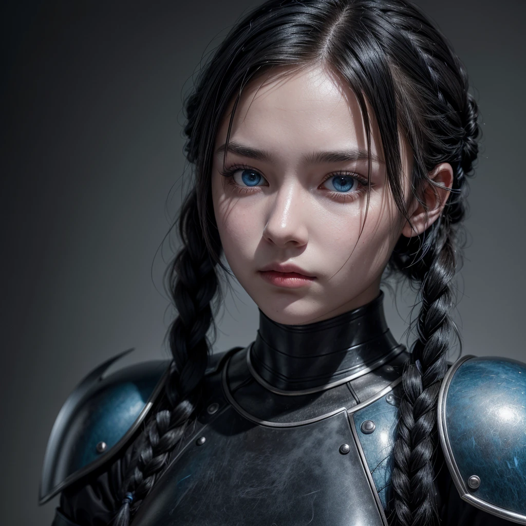 hyperrealisti, Black haired woman with braid, 18-years old, blue colored eyes, dressed in dark black armor.