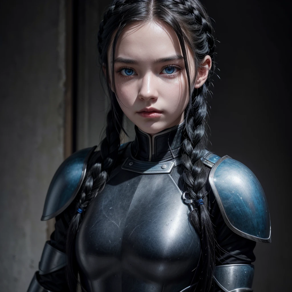 hyperrealisti, Black haired woman with braid, 18-years old, blue colored eyes, dressed in dark black armor.