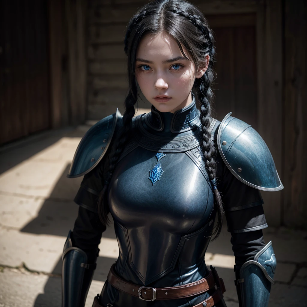 hyperrealisti, Black haired woman with braid, 18-years old, blue colored eyes, dressed in dark black armor.