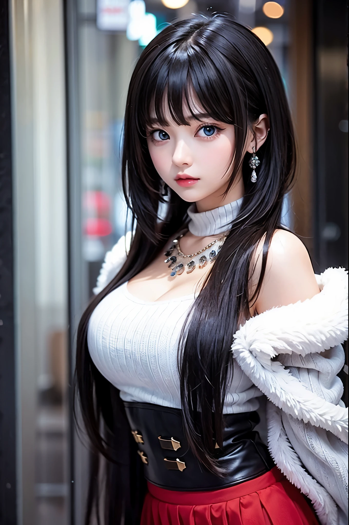 1 Female,black hair, ((Looks impatient)), Beautiful, White sexy vest, good style, symmetrical clothes, (Facing forward), (Red cheeks, expression of contempt), (beautiful face), (((Upper body portrait))), blue eyes, (((The bangs are very even))),