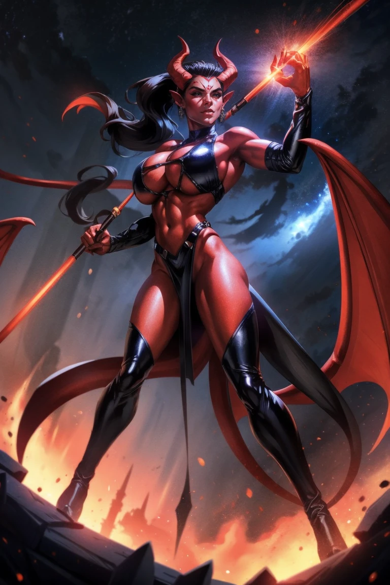 Red skin succubus tiefling, digitigrade legs, medium breasts, black horns, wings, huge tail, black leather, crop top, long flowing pelvic curtain, tall, toned, graceful, thin, long black ponytail. Action scene, whip. Dark scene, explosions, night sky.