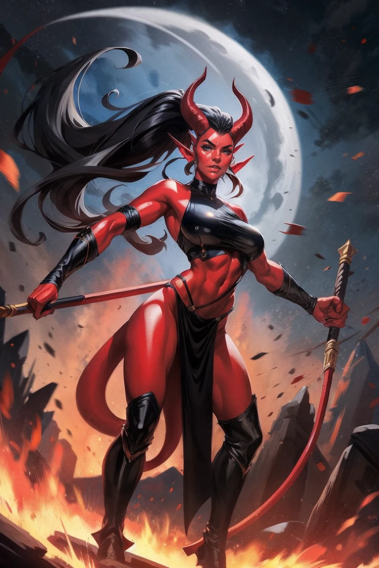Red skin succubus tiefling, digitigrade legs, medium breasts, black horns, wings, huge tail, black leather, crop top, long flowing pelvic curtain, tall, toned, graceful, thin, long black ponytail. Action scene, whip. Dark scene, explosions, night sky.