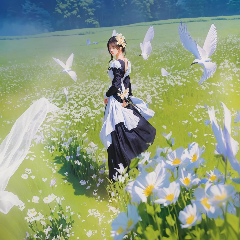 there is a woman in a dress standing on a flower field, on a flower field, artwork in the style of guweiz, guweiz on pixiv artstation, Guweiz, a maid in a magical forest, Guweiz on ArtStation Pixiv, lolish, garota on a flower field, made with anime painter studio
