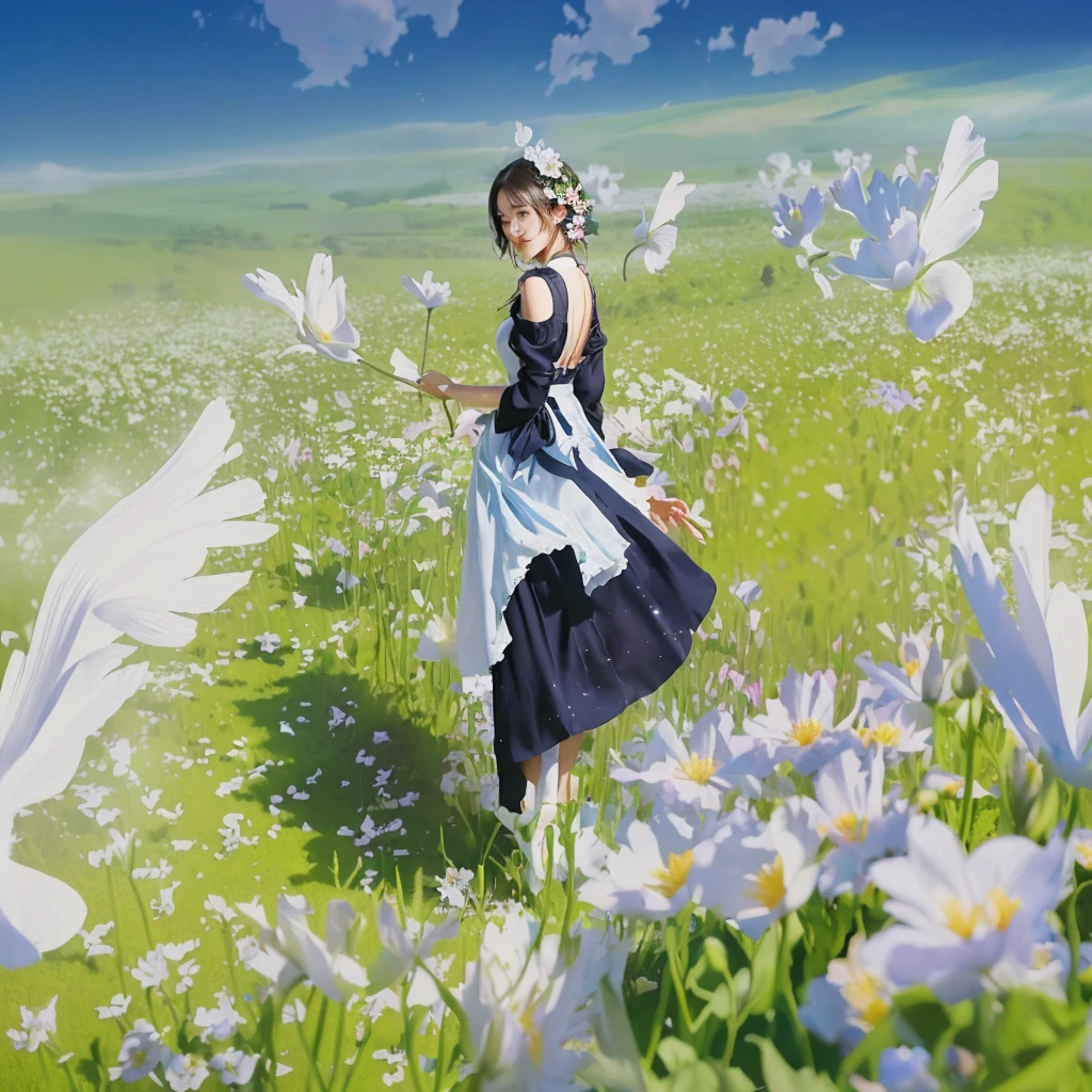 there is a woman in a dress standing on a flower field, on a flower field, artwork in the style of guweiz, guweiz on pixiv artstation, Guweiz, a maid in a magical forest, Guweiz on ArtStation Pixiv, lolish, garota on a flower field, made with anime painter studio
