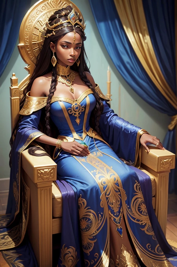 An oil painting of a stoic black African queen sitting on a grand throne. She has long, flowing sandy-brown hair and wears a magnificent crown adorned with jewels. Her attire is a luxurious, jewel-encrusted dress in vibrant blue and gold. The throne is ornate, with intricate designs and colorful gemstones. The background features rich blue drapery, adding to the regal atmosphere and blue snakes. The painting emphasizes the elegance, poise, and regal nature of the princess, capturing the richness of the colors and details in her clothing and surroundings.