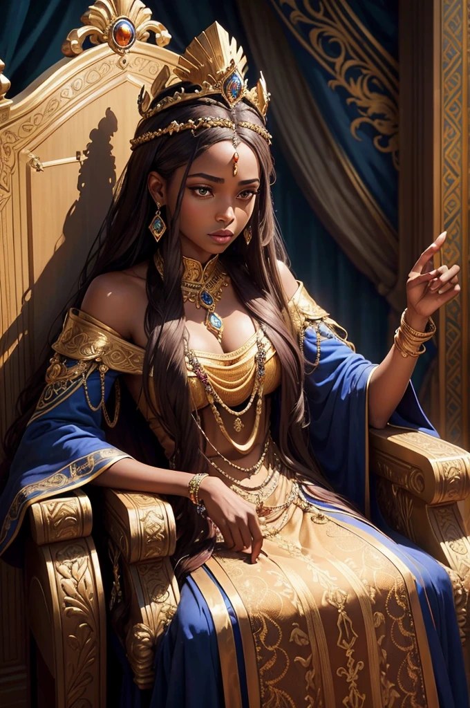 An oil painting of a stoic black African queen sitting on a grand throne. She has long, flowing sandy-brown hair and wears a magnificent crown adorned with jewels. Her attire is a luxurious, jewel-encrusted dress in vibrant blue and gold. The throne is ornate, with intricate designs and colorful gemstones. The background features rich blue drapery, adding to the regal atmosphere and blue snakes. The painting emphasizes the elegance, poise, and regal nature of the princess, capturing the richness of the colors and details in her clothing and surroundings.