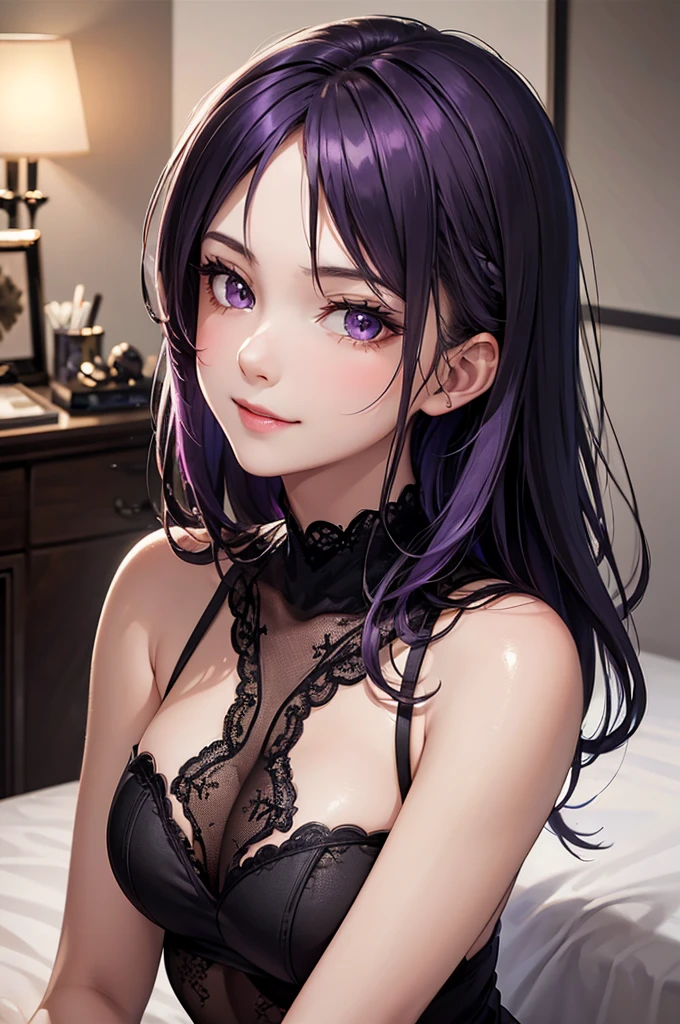 Best Quality,High resolution,8K,finelity detailed background,Masterpiece:1.2),beautiful girl,Shiny purple hair,hair slicked back,Purple Eyes,Gentle look,A refreshing look,smile,Best quality,Best Quality,Aesthetic and aesthetic:1.2,Best details((Super detailed))(High-definition CG illustrations),Upper Body, Black underwear,(black intricate lace),Slender body,night,moon,Bedroom,On the bed,smile,blush,cute,Scrounge,Looking up,Being spoiled,super model,wariza,shoot from,below