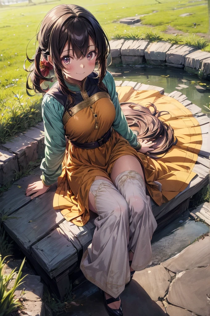 1girl, (anime coloring:1.3), anime scene, perfect_anatomy, best quality, looking at viewer, upturned eyes, medium hair, chestnut hair, hairs between eyes, feminine, happy smile, (Salwar Kameez:1.2), Simple shoes, village deep in the rye field, Medieval village,