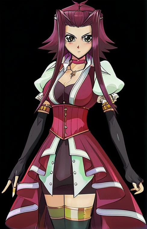 Digital illustration of an anime-style character. The character has long, spiky, dark pink hair with a distinctive style, featuring two prominent strands framing the face. She has large, expressive brown eyes and a fair skin tone. The character is dressed in a detailed, elaborate outfit consisting of a red corset with gold trim, a white blouse with puffy sleeves, and a layered red and white skirt with a high-low hemline. She also wears long black gloves and thigh-high stockings. A green pendant necklace adorns her neck, adding a touch of elegance to her appearance. The overall style is vibrant and detailed, typical of anime character design.
