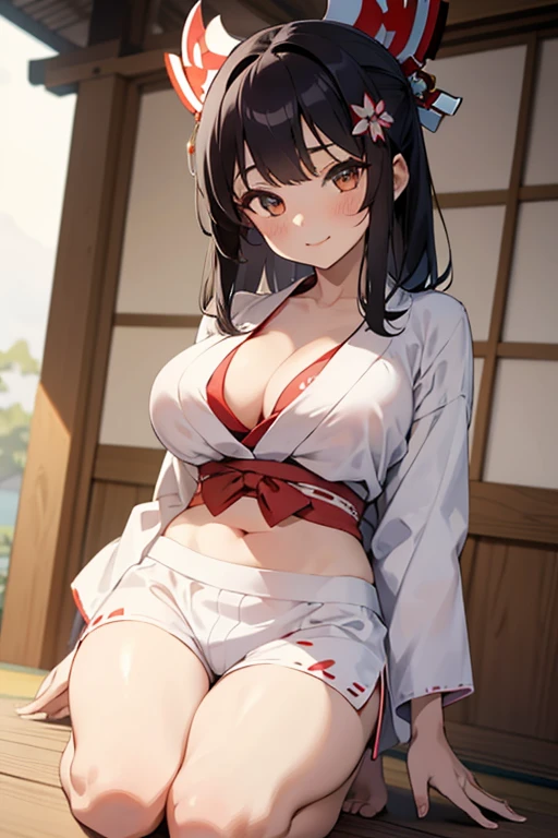 1girl,solo,closeup upperbody,(breasts focus),Wide-angle,Proudly,faint smile,evil smile,white (yukata,miko:1.3),Japanese style,head decoration,Cleavage,under wear,Navel,Collarbone,Kneeling,See-through,(shorts:1.3),Thick thighs,from below,(li),perfect legs,large breasts,BREAK black hair