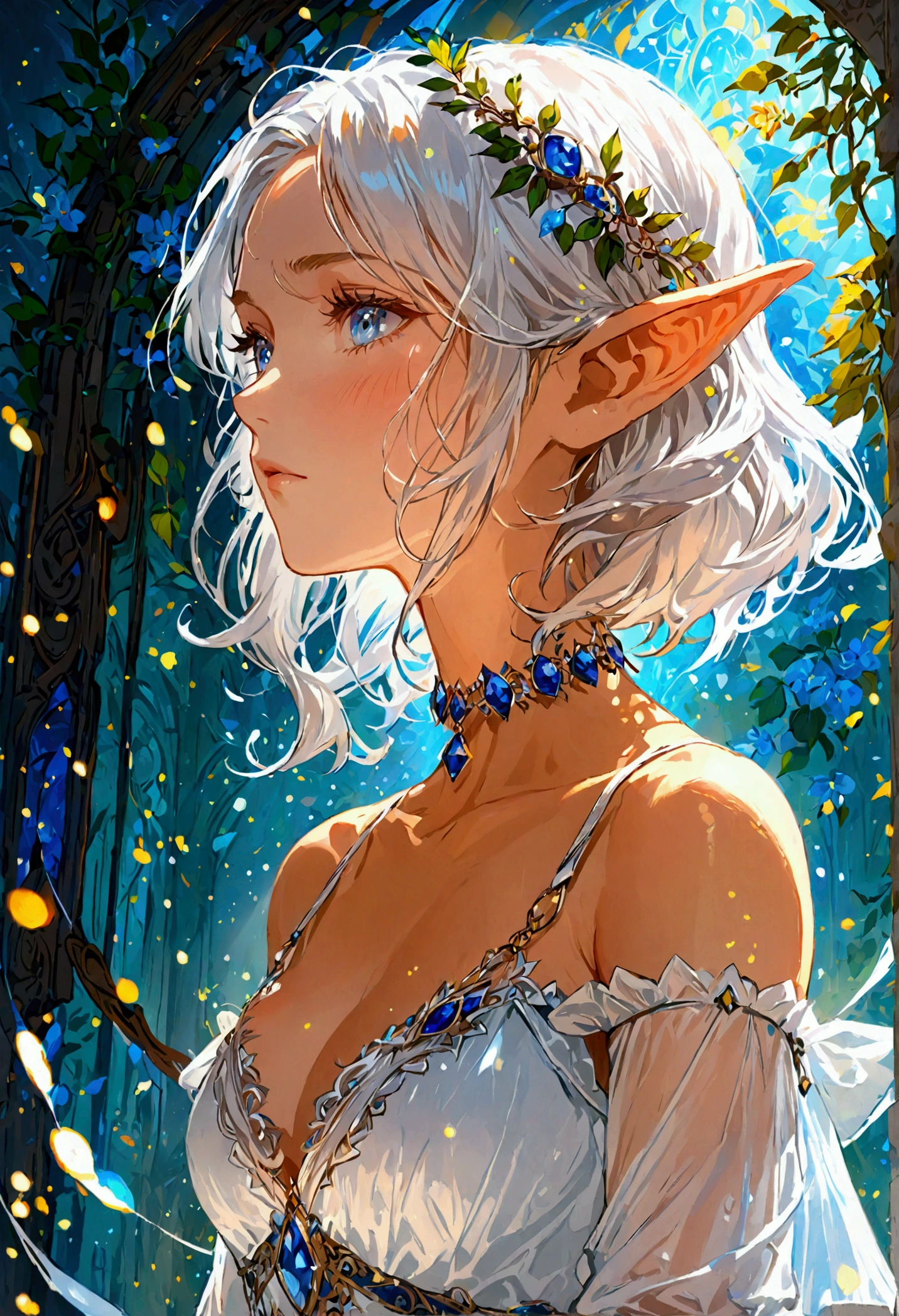 Atmospheric perspective, 8K, Very detailed, Accurate, Highest quality, masterpiece,Very detailedな,Sharp focus,High resolution、Waist shot of a female elf, Complex, Narrow Face, elegant, Wearing a sapphire necklace, White lightweight dress with straps, To the camera, Very detailedな, Digital Painting, Art Station, Concept Art, Smooth, Sharp focus, figure, ArtJam、Greg Rutkowski、Art by Alphonse Mucha, 8K, Volumetric Fog, bloom, light, lumen, Crank blur