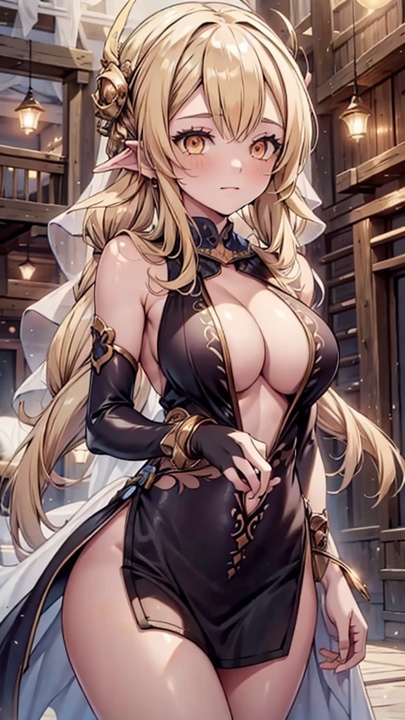 masterpiece, best quality, high resolution, 1 Girl,clothing, Blonde hair, Orange eyes, veil, diaphragm, Pointed ears, Large Breasts, Curvy beauty, Cowboy shooting, Upper Body,Arabic dancers