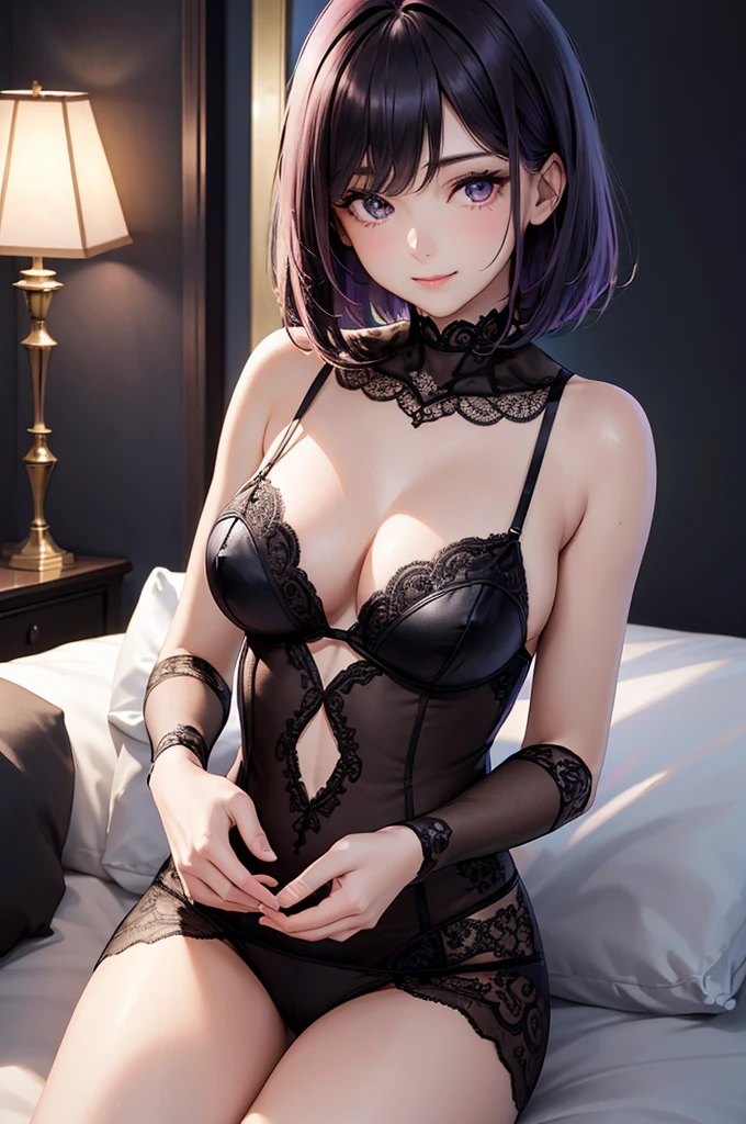 Best Quality,High resolution,8K,finelity detailed background,Masterpiece:1.2),beautiful girl,Shiny purple hair,bob cut,Purple Eyes,Gentle look,A refreshing look,smile,Best quality,Best Quality,Aesthetic and aesthetic:1.2,Best details((Super detailed))(High-definition CG illustrations),Upper Body, Black underwear,(black intricate lace),Slender body,night,moon,Bedroom,On the bed,smile,blush,cute,Scrounge,Looking up,Being spoiled,super model,wariza,shoot from,below